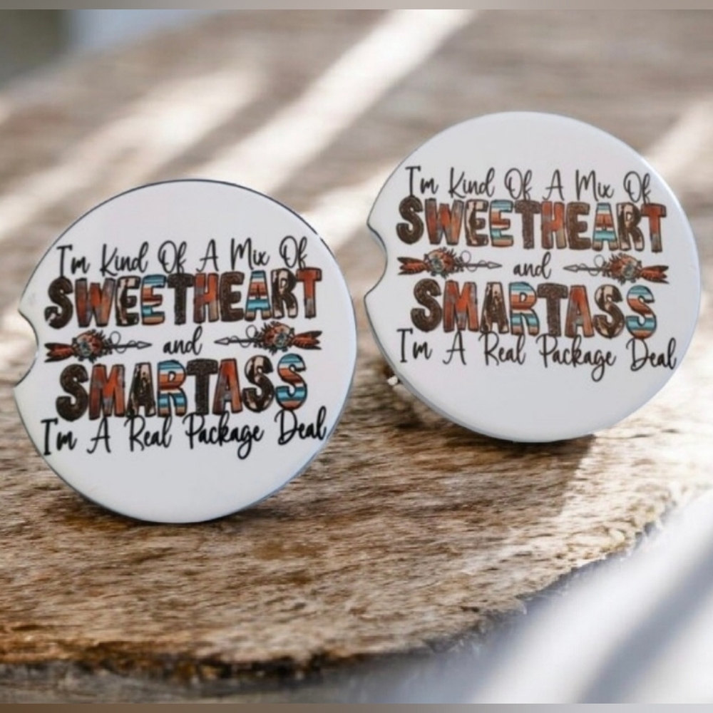 Set Of 2 Ceramic Funny Car Coasters SWEETHEART and SMARTA$$